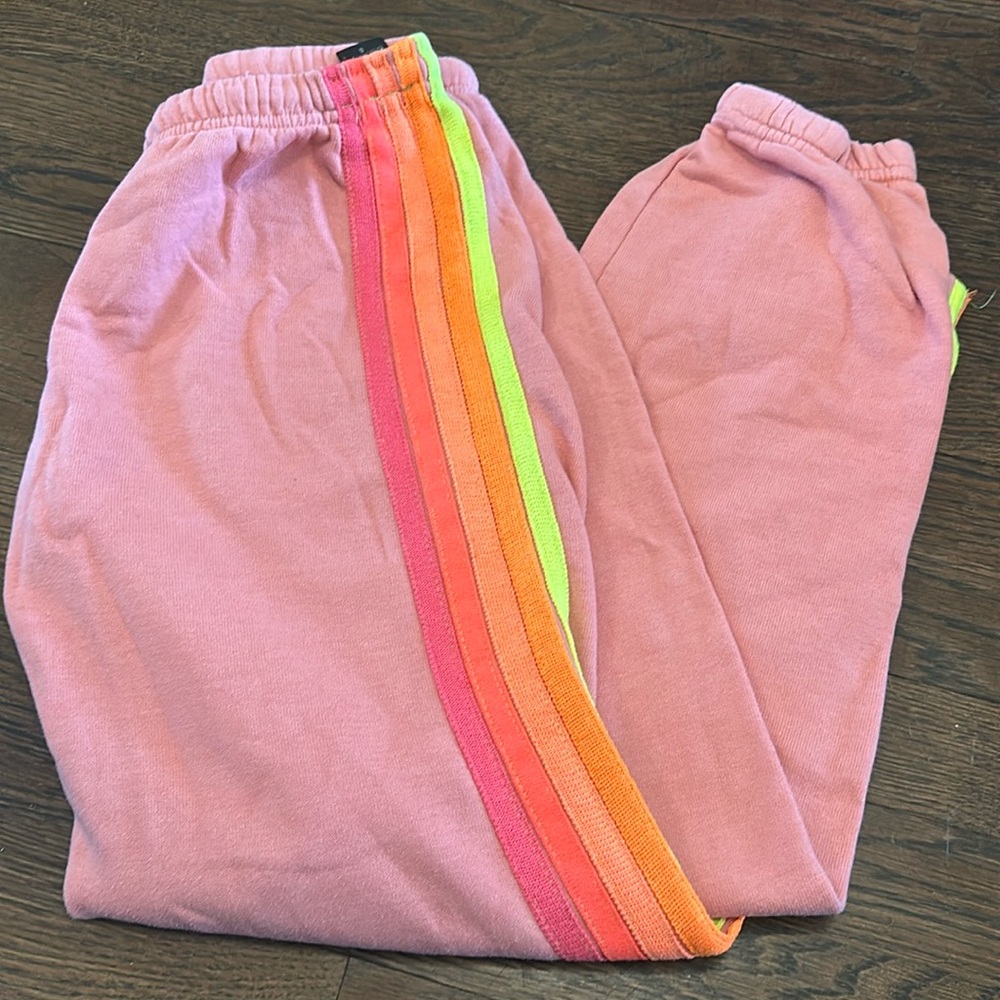 Aviator Nation pink, stripped sweatpants. Like new. Adult small.